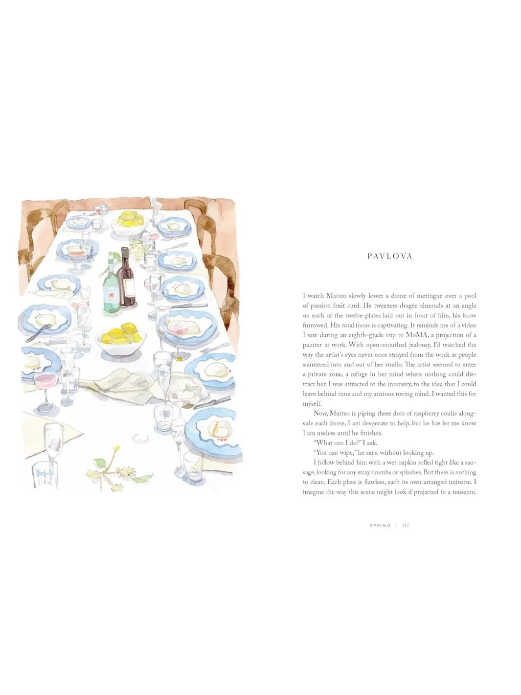 Page from Will This Make You Happy: Stories & Recipes from a Year of Baking by Tanya Bush featuring a whimsical watercolor illustration of a long, set dinner table alongside a reflective story titled "Pavlova" | Twentyseven Toronto