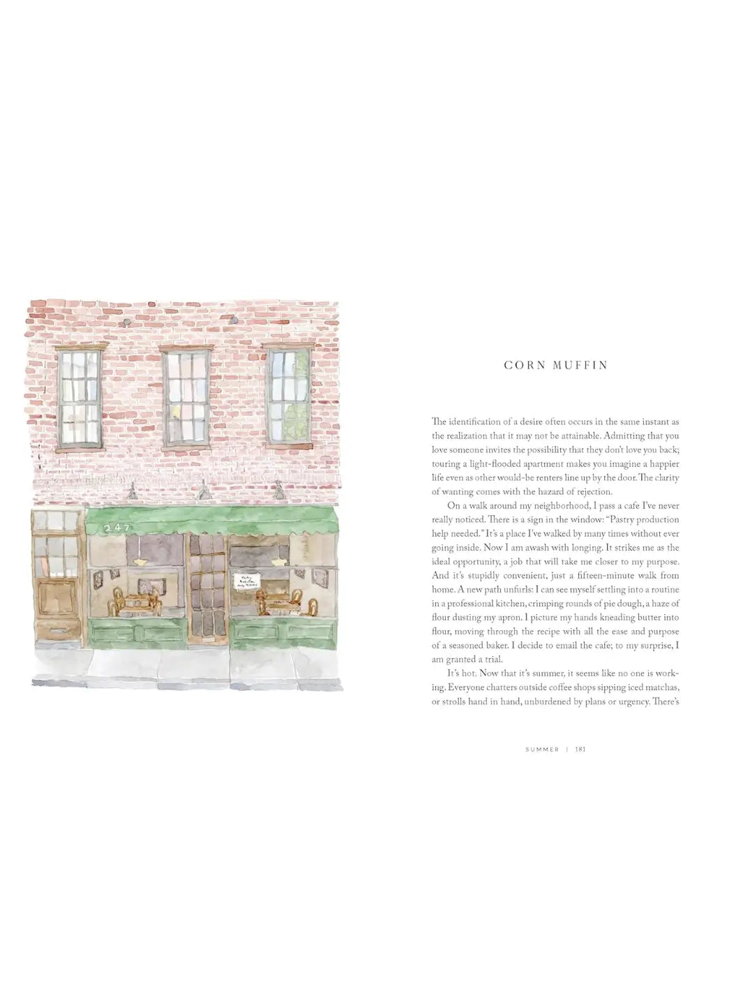 A page from Will This Make You Happy: Stories & Recipes from a Year of Baking by Tanya Bush featuring a watercolor illustration of a brick storefront with a green awning alongside a reflective essay titled "Corn Muffin" | Twentyseven Toronto