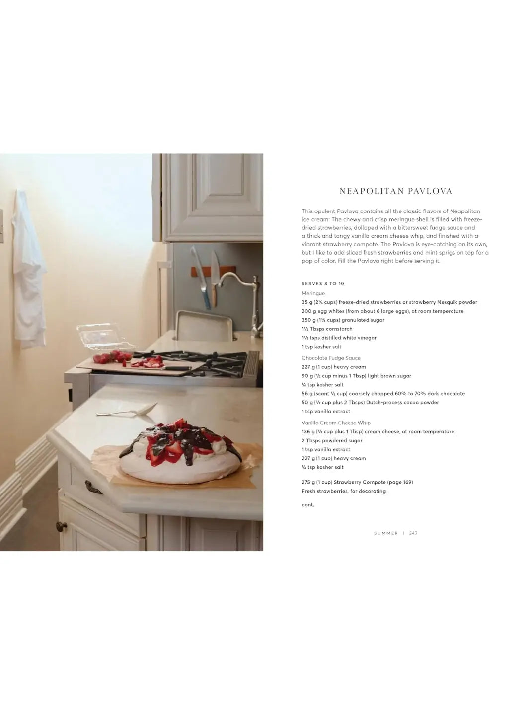 Recipe for Neapolitan Pavlova Will This Make You Happy: Stories & Recipes from a Year of Baking by Tanya Bush topped with chocolate and strawberries resting on a kitchen counter | Twentyseven Toronto