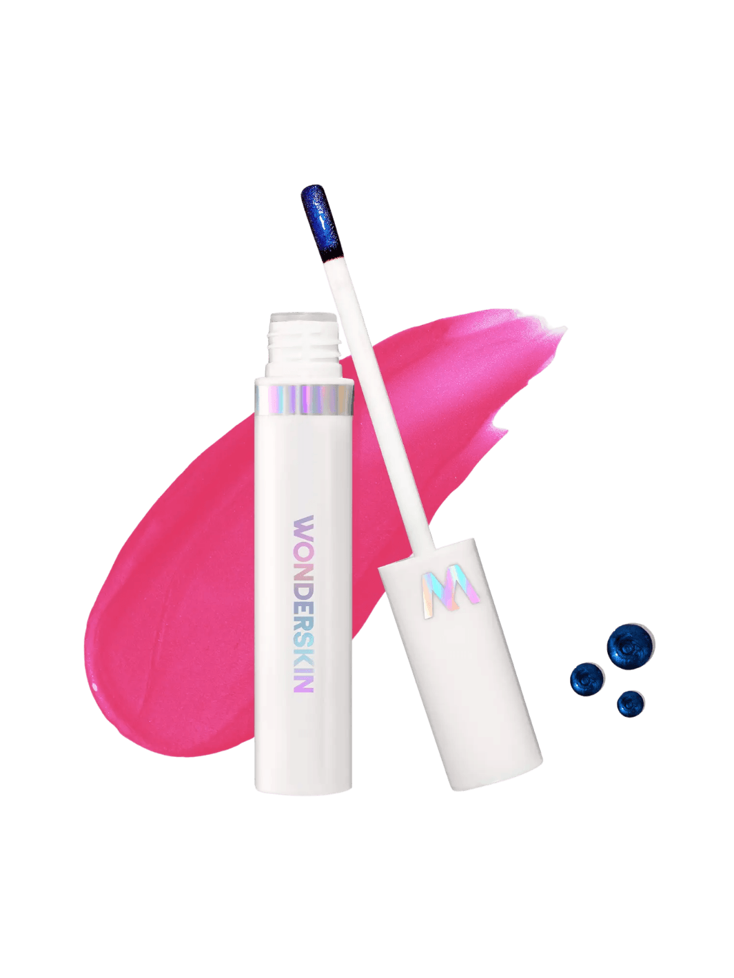 An open tube of Wonderskin WONDER BLADING Lip Stain Masque in Neon Rose with its white wand is shown against a bright pink product swatch | Twentyseven Toronto