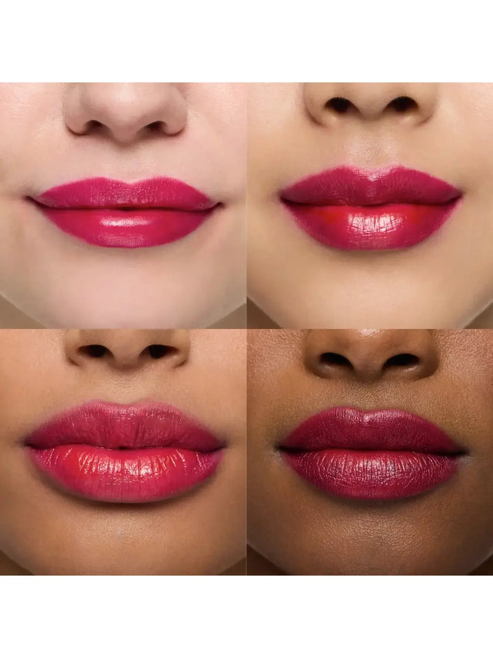 A four-panel grid displays a close-up comparison of the final bold magenta color results of the Wonderskin WONDER BLADING Lip Stain Masque in Neon Rose across four different skin tones | Twentyseven Toronto