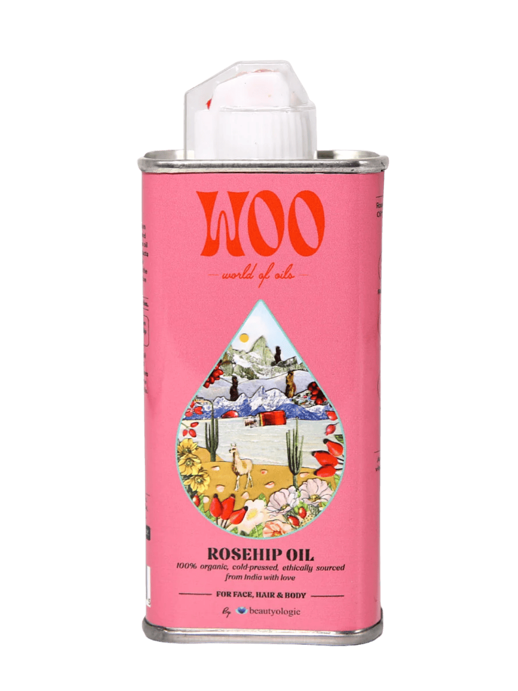 Pink tin can of WOO World of Oils Organic Rosehip Oil with a colourful label | 3.4 oz | 100 ml | Twentyseven Toronto