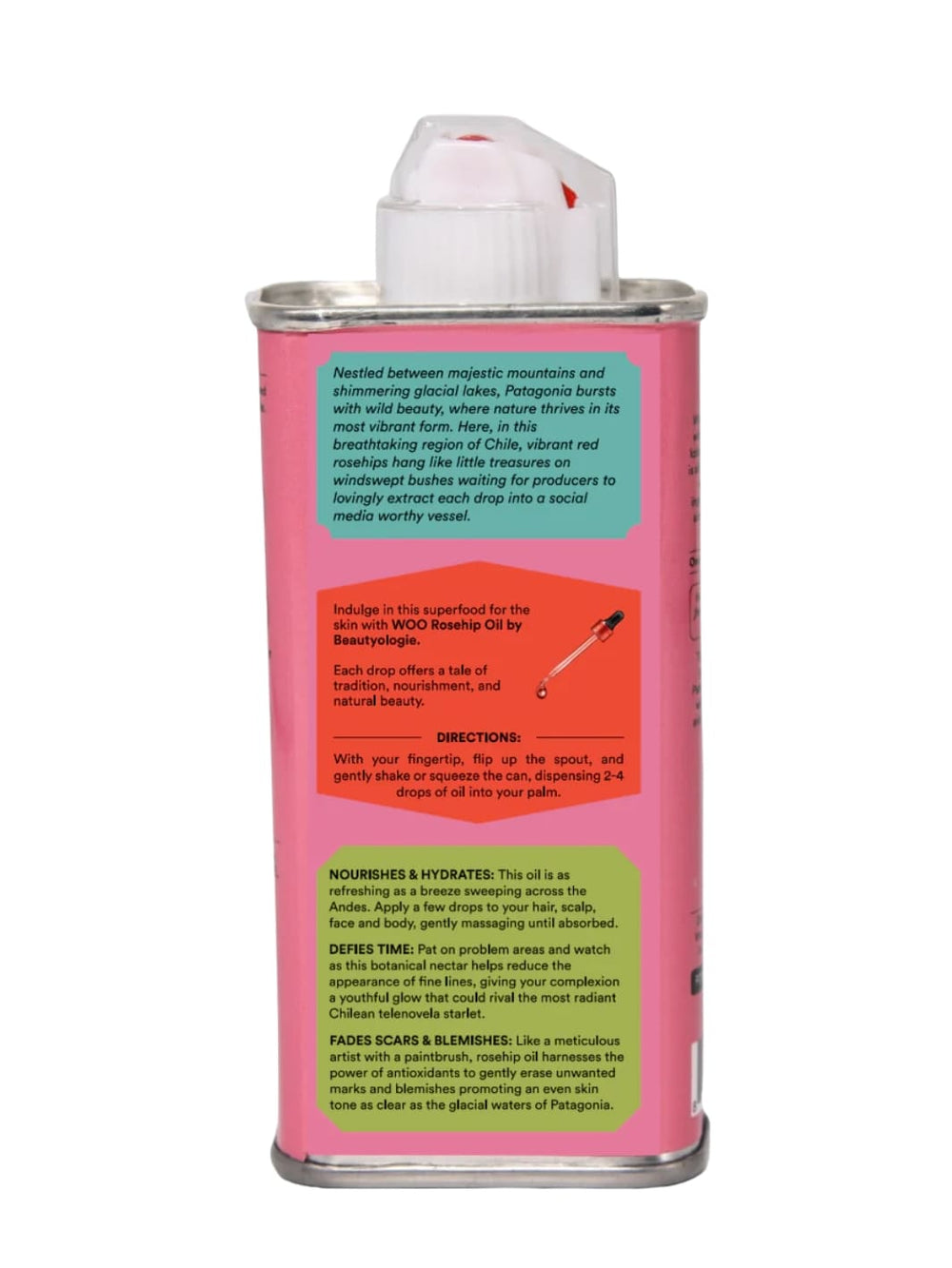 Back label of a pink tin can of WOO World of Oils Organic Rosehip Oil with colourful labels | 3.4 oz | 100 ml | Twentyseven Toronto