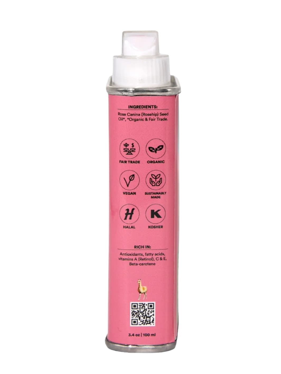Pink tin can of WOO World of Oils Organic Rosehip Oil with ingredient label | 3.4 oz | 100 ml | Twentyseven Toronto