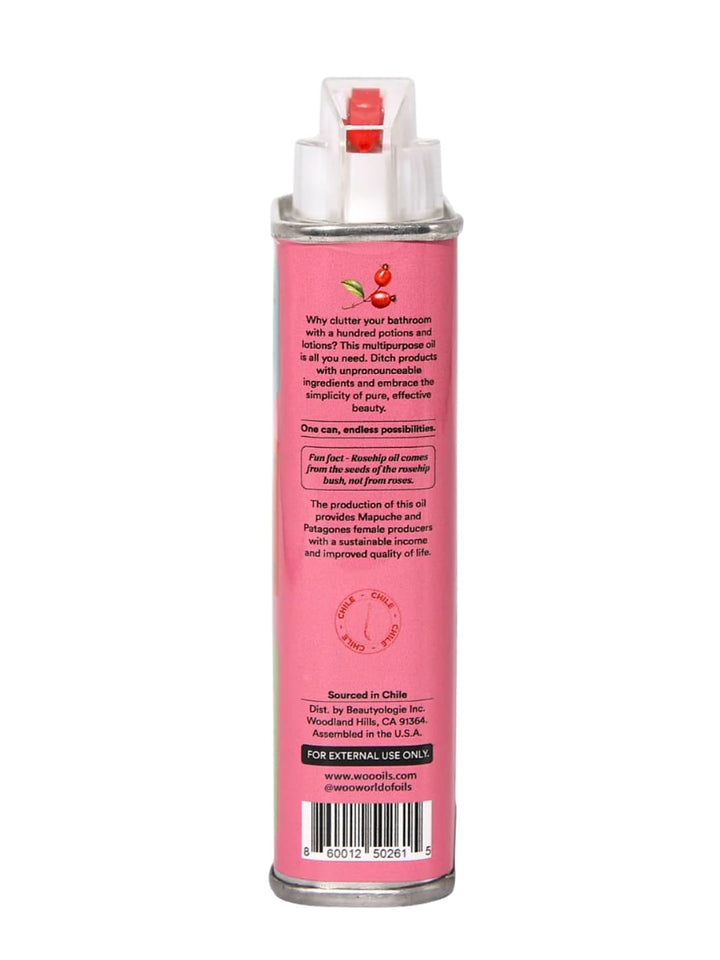 Labels of pink tin can of WOO World of Oils Organic Rosehip Oil | 3.4 oz | 100 ml | Twentyseven Toronto