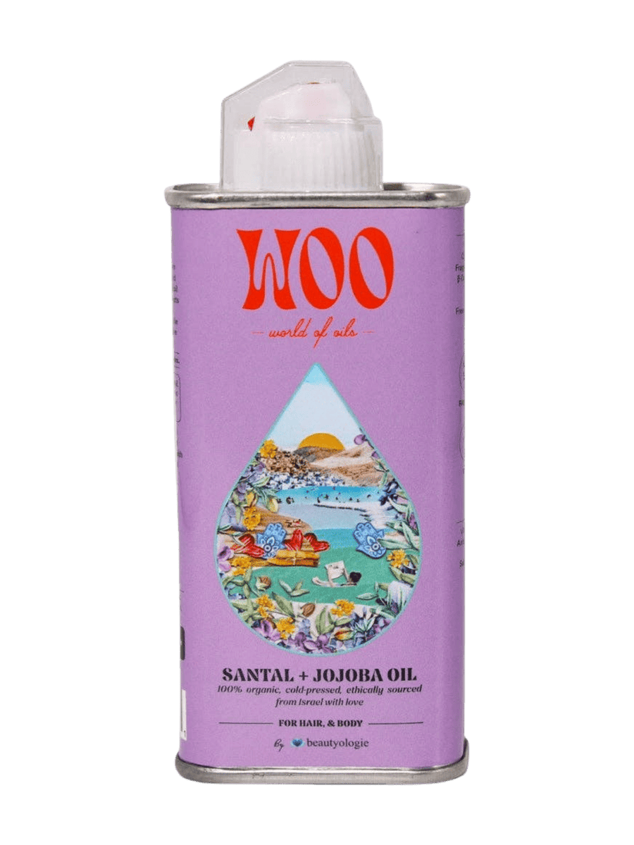 Purple tin can of WOO World of Oils Organic Santal + Jojoba Oil with a colourful label | 3.4 oz | 100 ml | Twentyseven Toronto