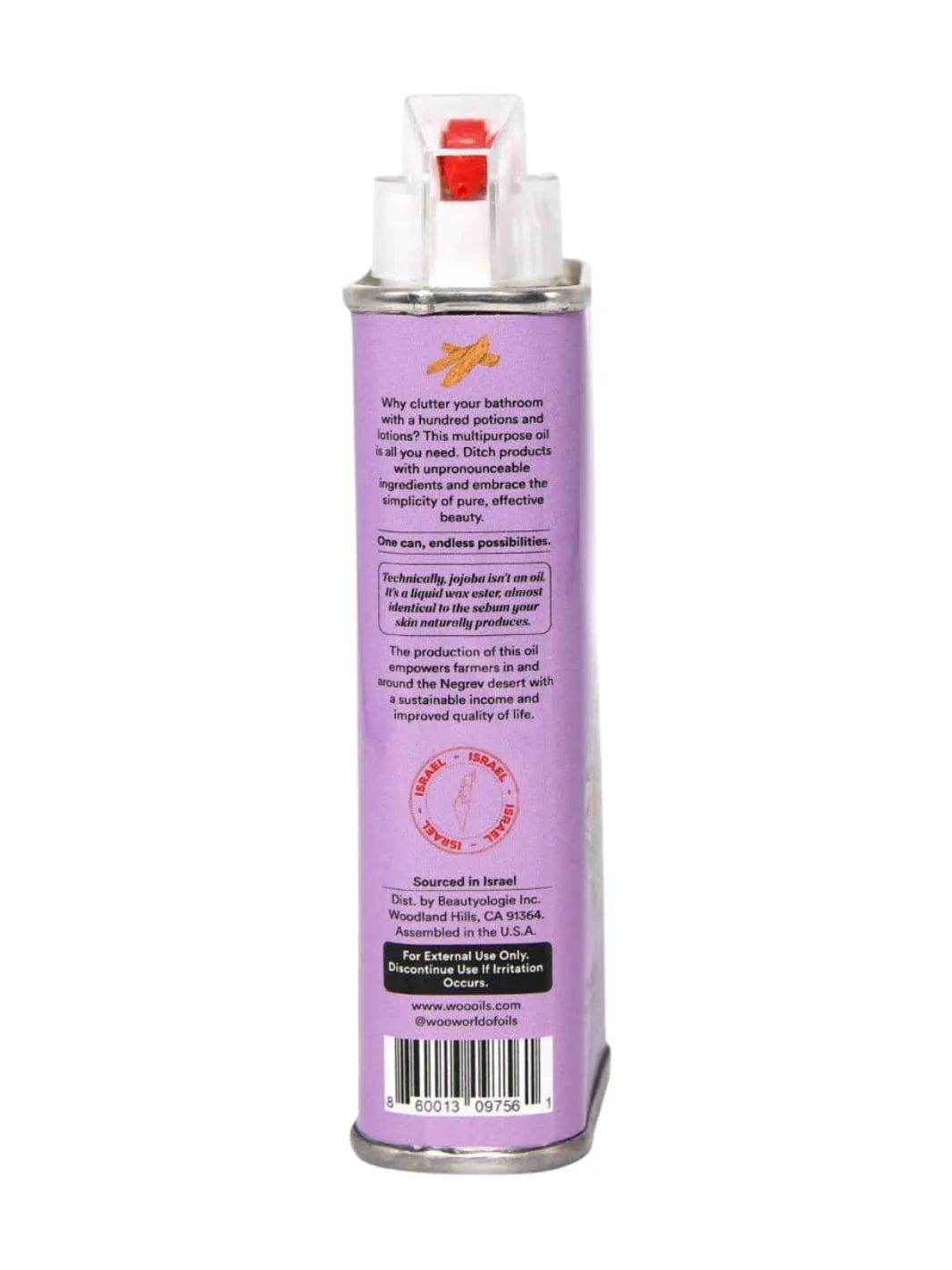 Purple tin can of WOO World of Oils Organic Santal + Jojoba Oil with ingredient label | 3.4 oz | 100 ml | Twentyseven Toronto