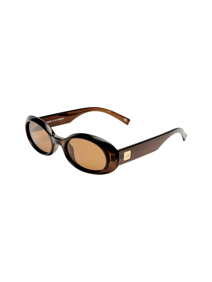 Le Specs Work It sunglasses in Cocoa with brown lenses and gold logo detail | Twentyseven Toronto