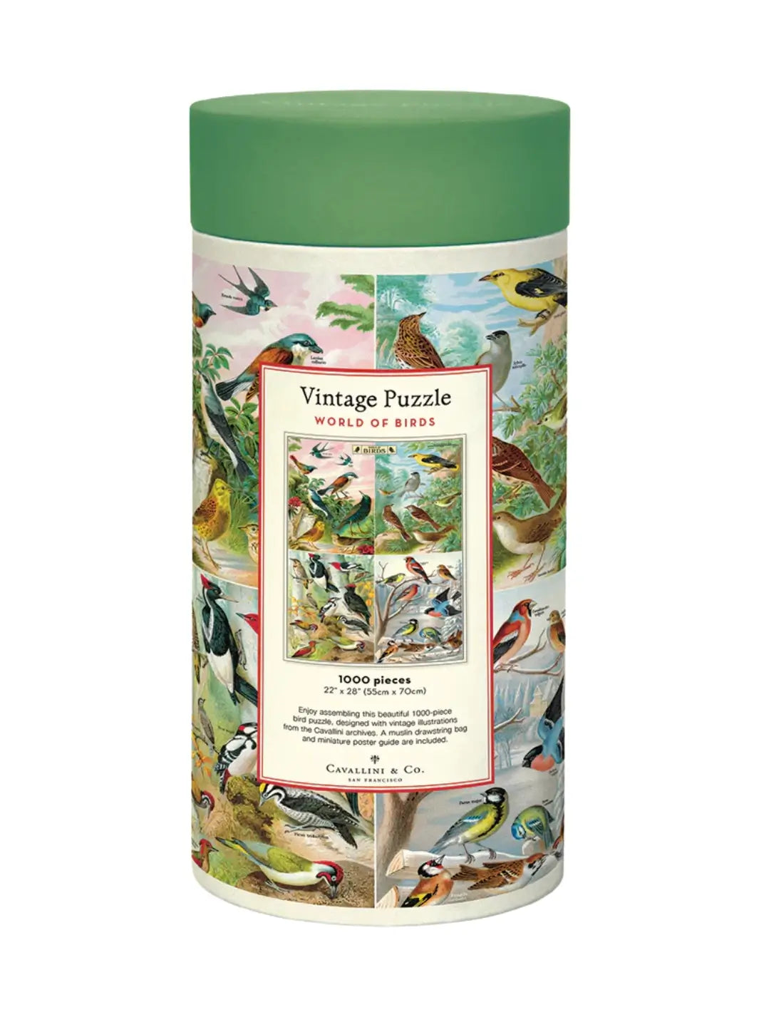 Cylindrical puzzle packaging for the Cavallini Paper & Co World of Birds 1000 Piece Puzzle, displaying a green cap and a colorful wrap-around label of colorful vintage bird illustrations against a white background | Twentyseven Toronto