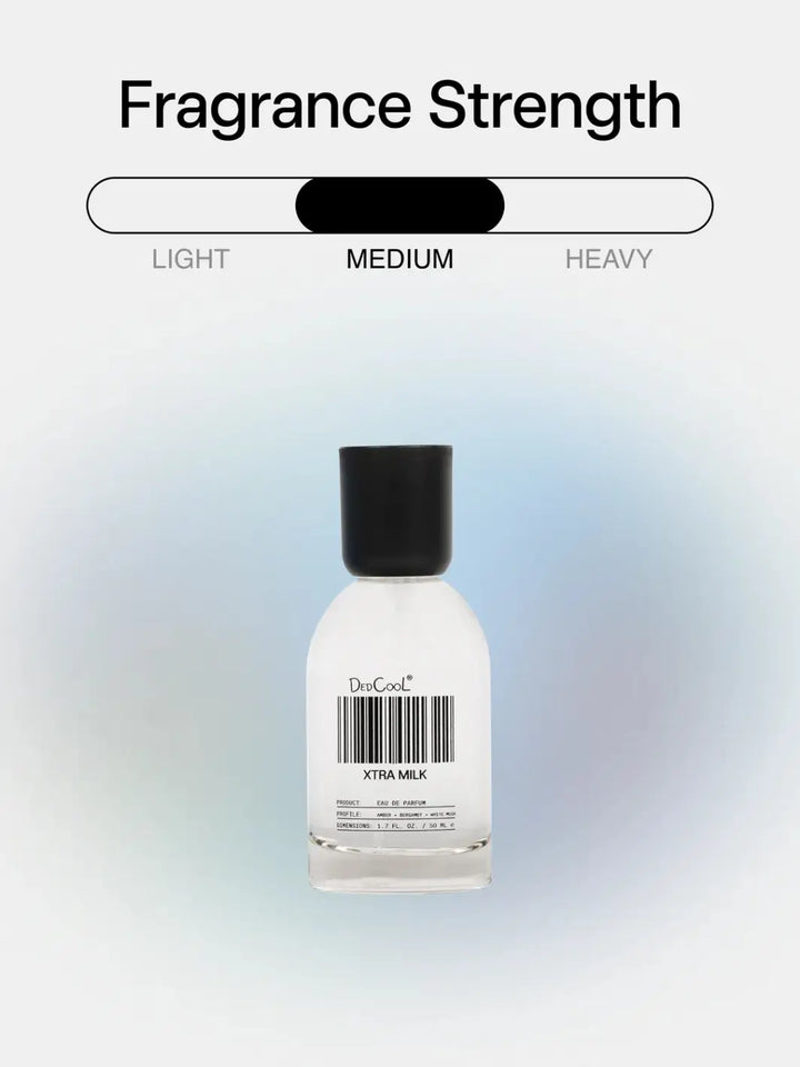 A full size 50ml bottle of Dedcool Xtra Milk Fragrance against a soft blue gradient backdrop beneath a graphic indicating a "Medium" fragrance strength | Twentyseven Toronto