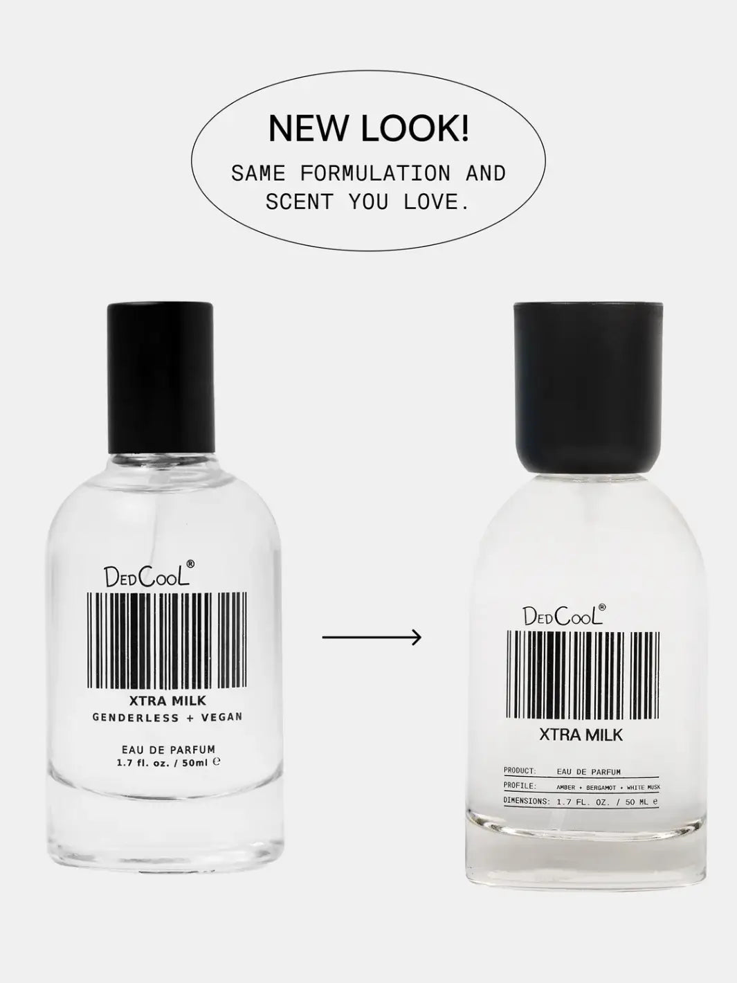 A side-by-side packaging comparison showing the classic layout transitioning into the updated design for the full size 50ml Dedcool Xtra Milk Fragrance bottle | Twentyseven Toronto