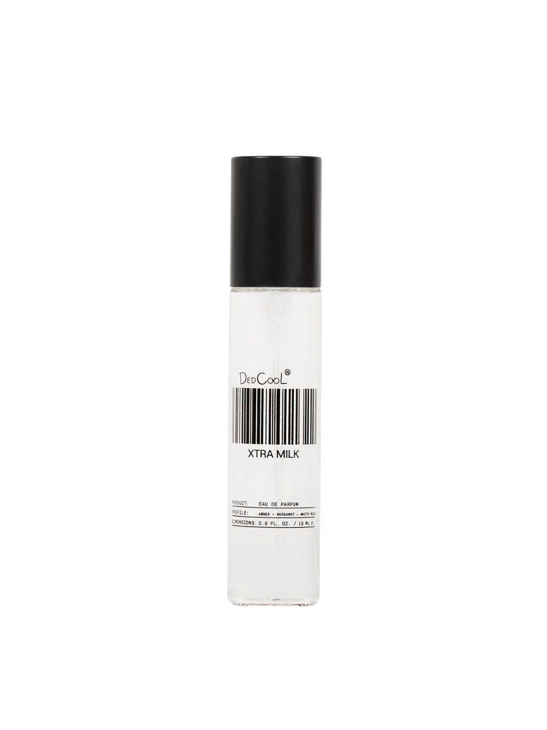 The 15ml travel size Dedcool Xtra Milk Fragrance bottle with its signature barcode label and a black cap | Twentyseven Toronto