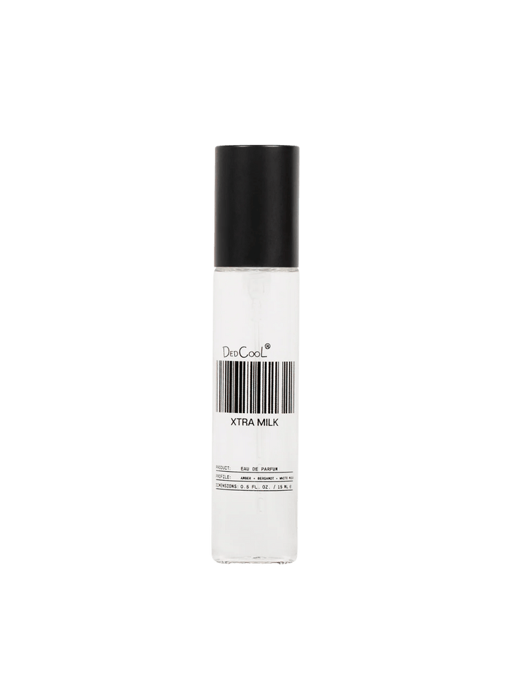 The 15ml travel size Dedcool Xtra Milk Fragrance bottle with its signature barcode label and a black cap | Twentyseven Toronto