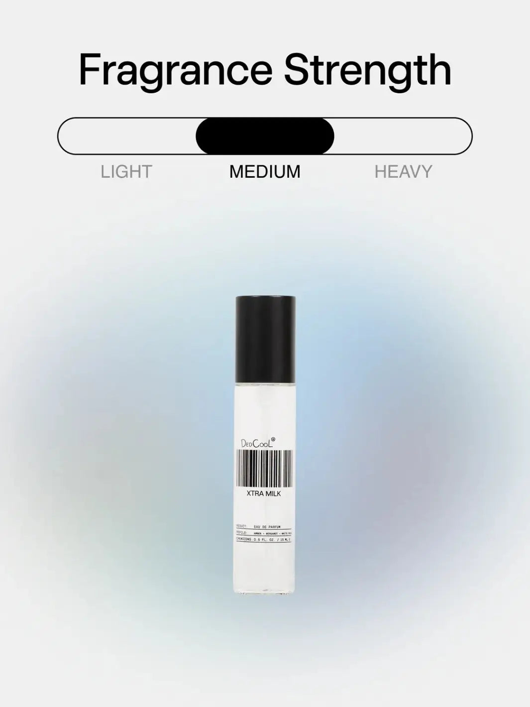 A 15ml travel size bottle of Dedcool Xtra Milk Fragrance Travel Size 50ml centered against a soft blue gradient background beneath a graphic indicating a "Medium" scent strength | Twentyseven Toronto