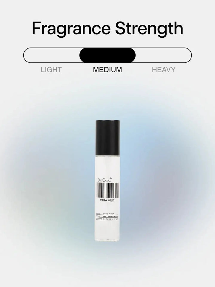 A 15ml travel size bottle of Dedcool Xtra Milk Fragrance Travel Size 50ml centered against a soft blue gradient background beneath a graphic indicating a "Medium" scent strength | Twentyseven Toronto