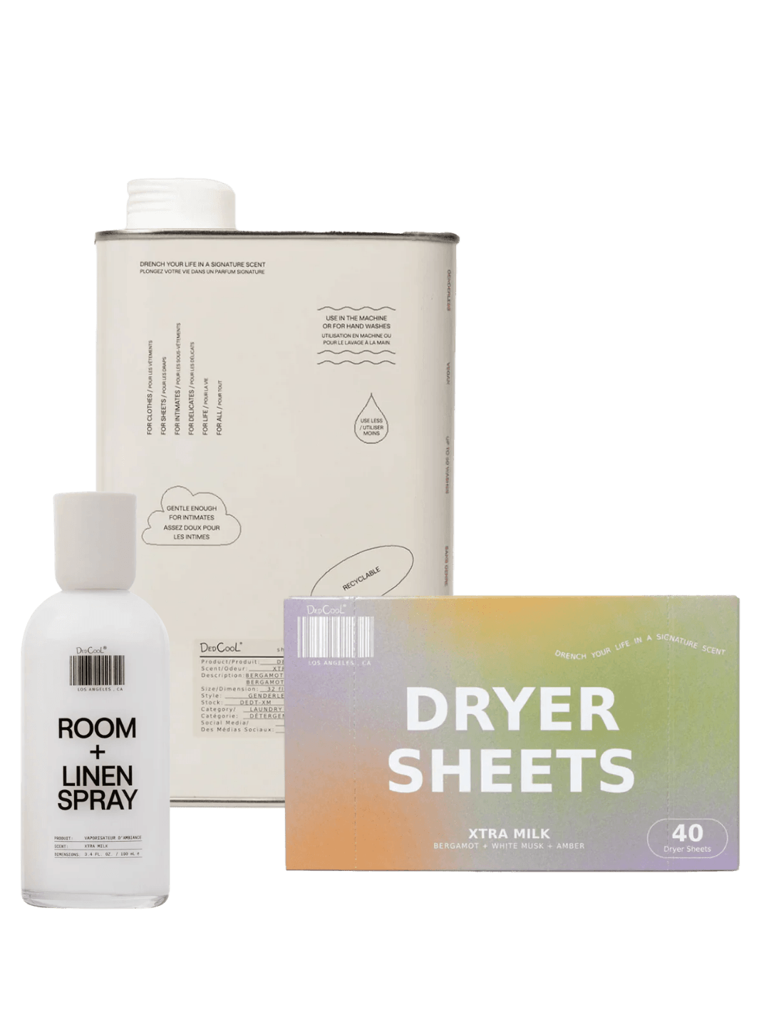 The Dedcool Xtra Milk Laundry Day Bundle includes a large tin of laundry detergent, a bottle of Room + Linen Spray, and a box of 40 dryer sheets | Twentyseven Toronto