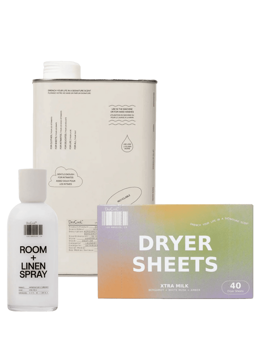 The Dedcool Xtra Milk Laundry Day Bundle includes a large tin of laundry detergent, a bottle of Room + Linen Spray, and a box of 40 dryer sheets | Twentyseven Toronto
