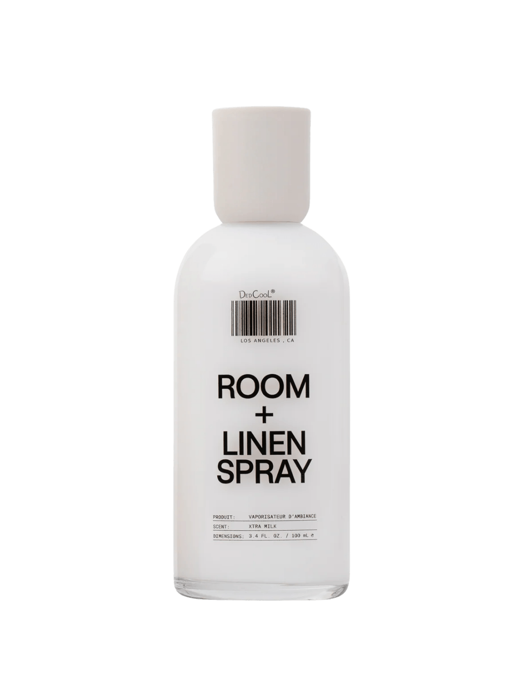 Awhite bottle of Dedcool Room + Linen Spray in Xtra Milk against a transparent background | Twentyseven Toronto