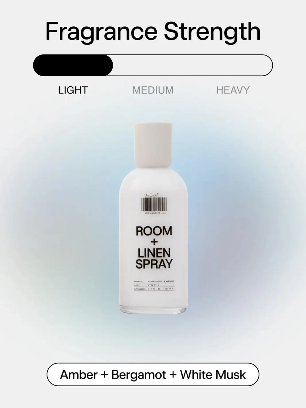 A graphic for Dedcool Room + Linen Spray in Xtra Milk highlighting its fragrance strength as light, with scent notes of amber, bergamot, and white musk | Twentyseven Toronto