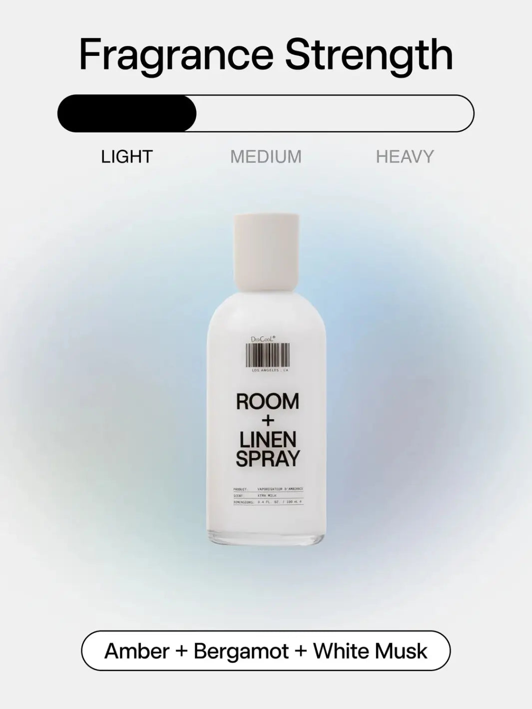 A graphic for Dedcool Room + Linen Spray in Xtra Milk highlighting its fragrance strength as light, with scent notes of amber, bergamot, and white musk | Twentyseven Toronto