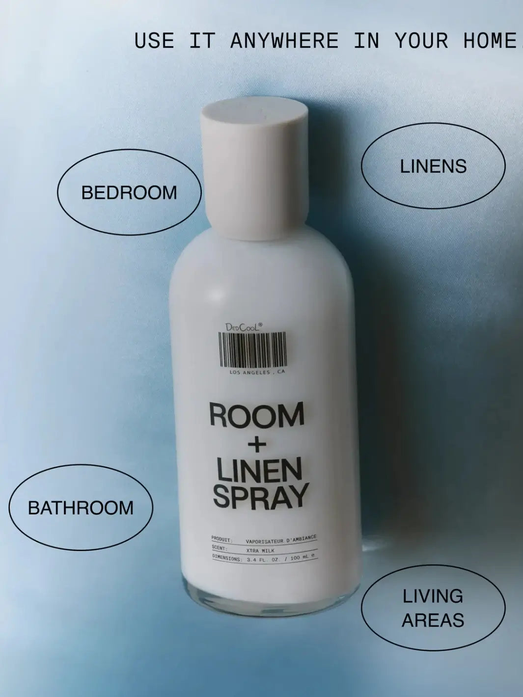 A bottle of Dedcool Room + Linen Spray in Xtra Milk among text callouts suggesting use in the bedroom, bathroom, linens, and living areas | Twentyseven Toronto