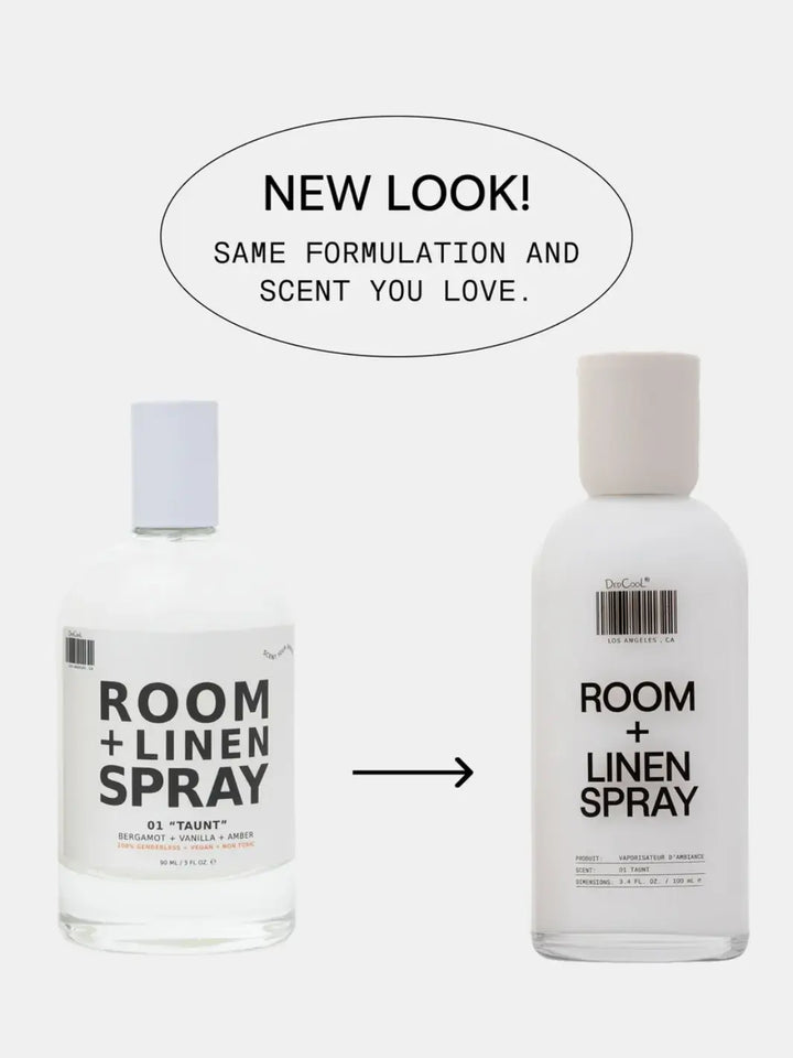 A graphic showcasing the new opaque packaging look versus the old clear packaging look for the Dedcool Room + Linen Spray in Xtra Milk formulation | Twentyseven Toronto