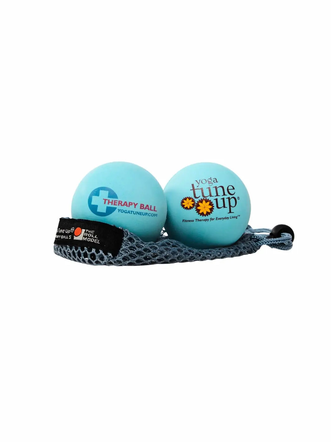 Two blue 'Yoga Tune Up' therapy balls with a mesh bag on a white background | Twentyseven Toronto