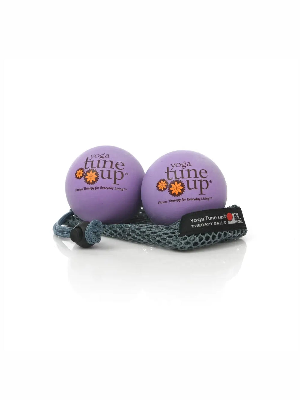 Two purple 'Yoga Tune Up' therapy balls with a mesh bag on a white background | Twentyseven Toronto
