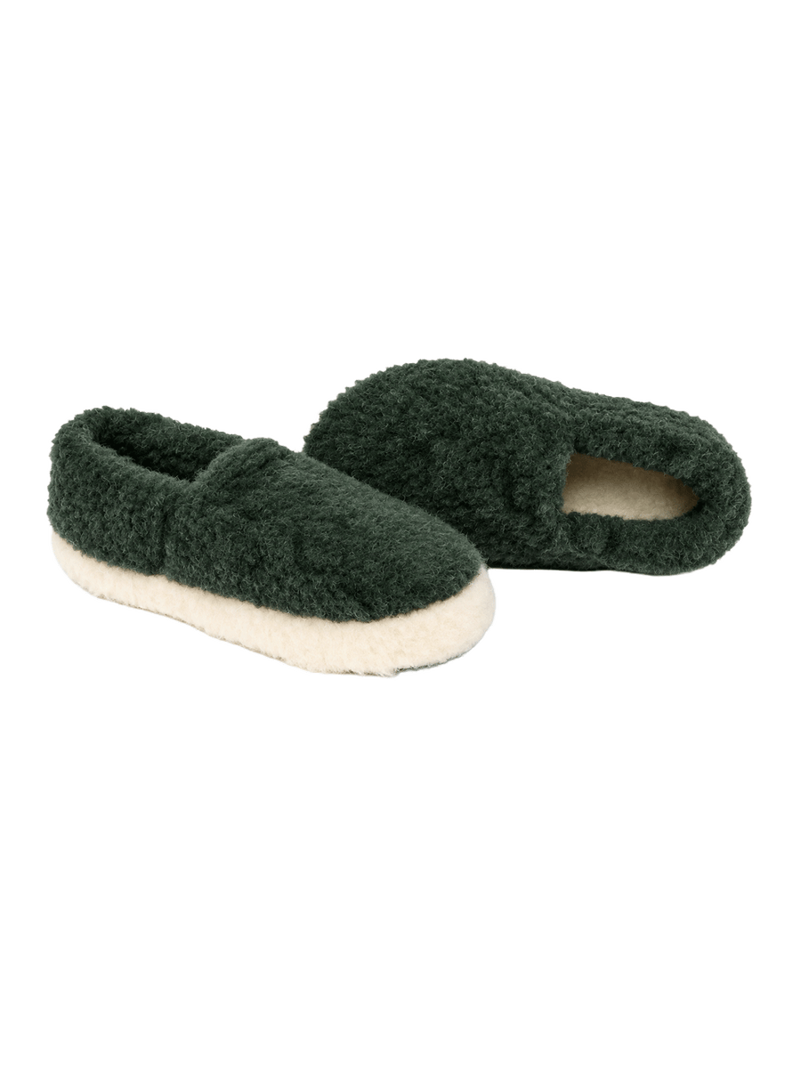 Yoko Wool Full Slippers in dark green with a plush wool finish and full-coverage design | Twentyseven Toronto
