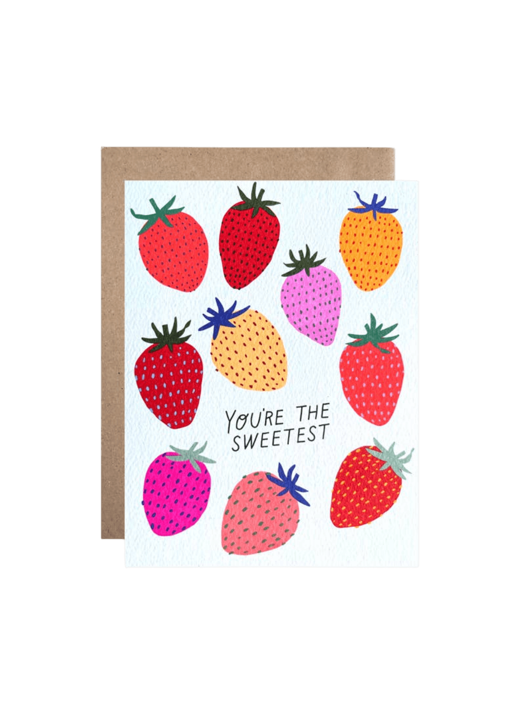 The Hartland Cards You're the Sweetest Card features an array of colorful, illustrated strawberries in shades of red, pink, and yellow on a white background, with the words "You're the sweetest" printed in a simple black font, paired with a brown kraft envelope | Twentyseven Toronto
