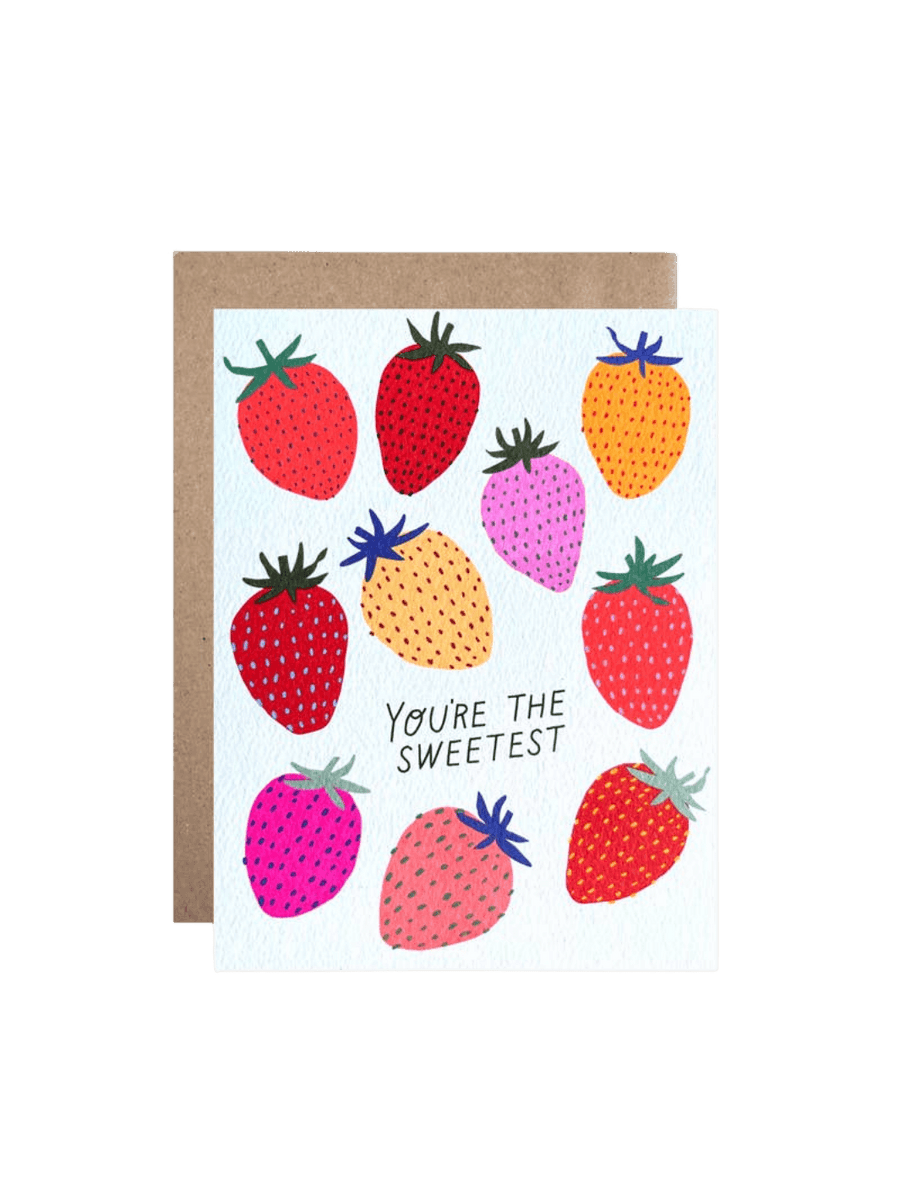 The Hartland Cards You're the Sweetest Card features an array of colorful, illustrated strawberries in shades of red, pink, and yellow on a white background, with the words "You're the sweetest" printed in a simple black font, paired with a brown kraft envelope | Twentyseven Toronto