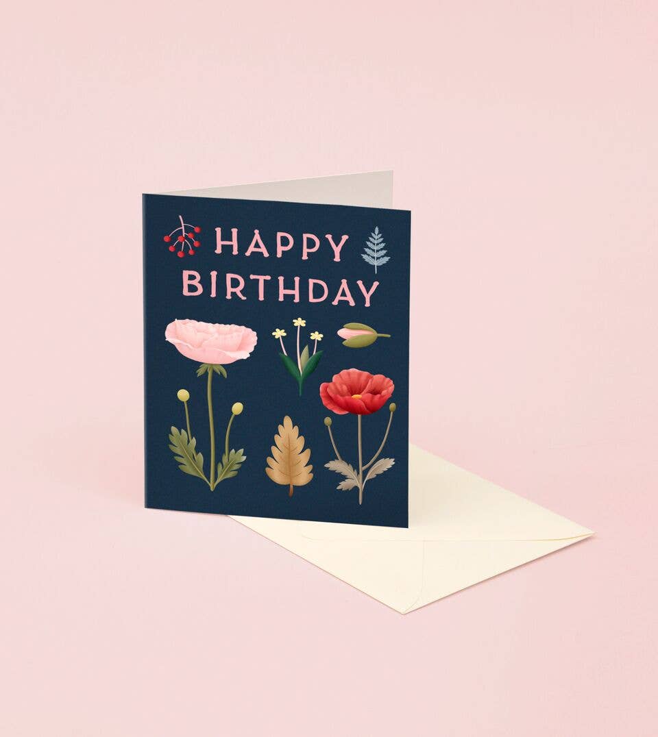 Foraged Poppy Birthday Card – Navy