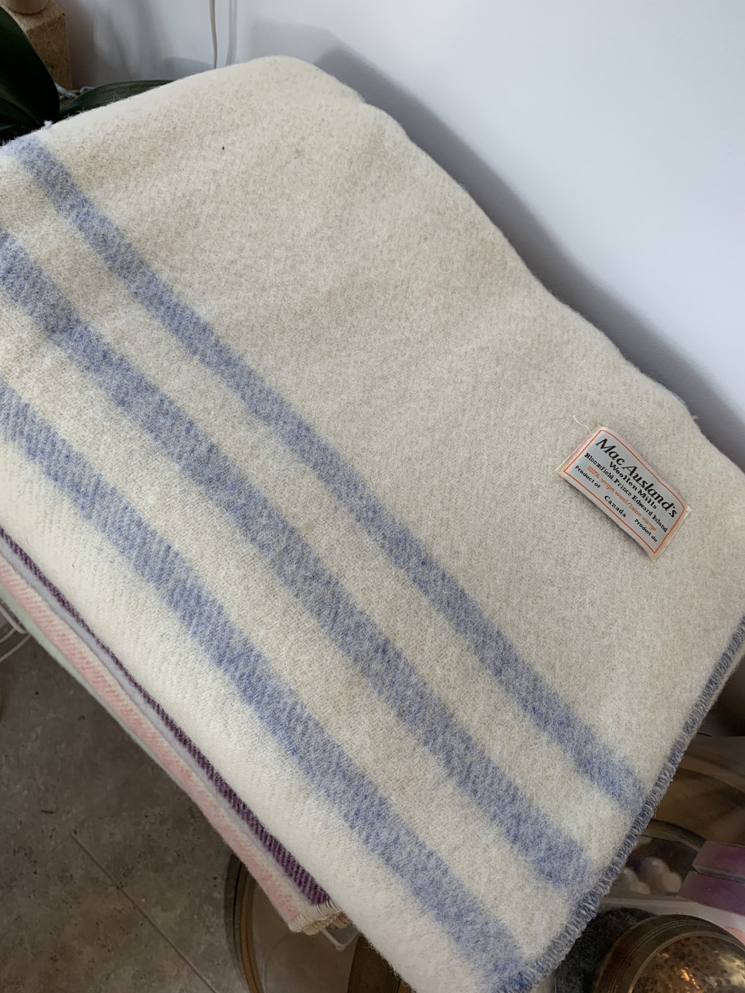 Twentyseven Toronto - Macausland Wool Throw Blankets Natural w/ Sky Blue Stripes