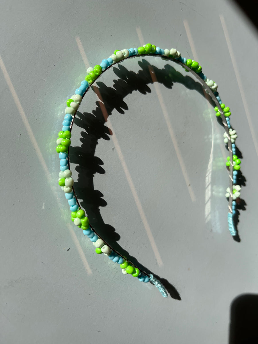 Twentyseven Toronto - Heirloom Hats Green Flowers & Glass Beads Pellet Beaded Headband